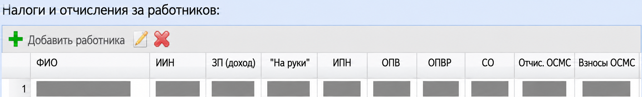 Реальная таблица налогов и отчислений за работников. Имена, ИИН и суммы скрыты